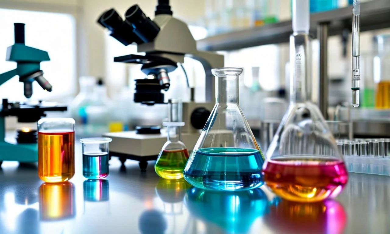 Material de vidrio de laboratorio con reactivos de colores y microscopio al fondo