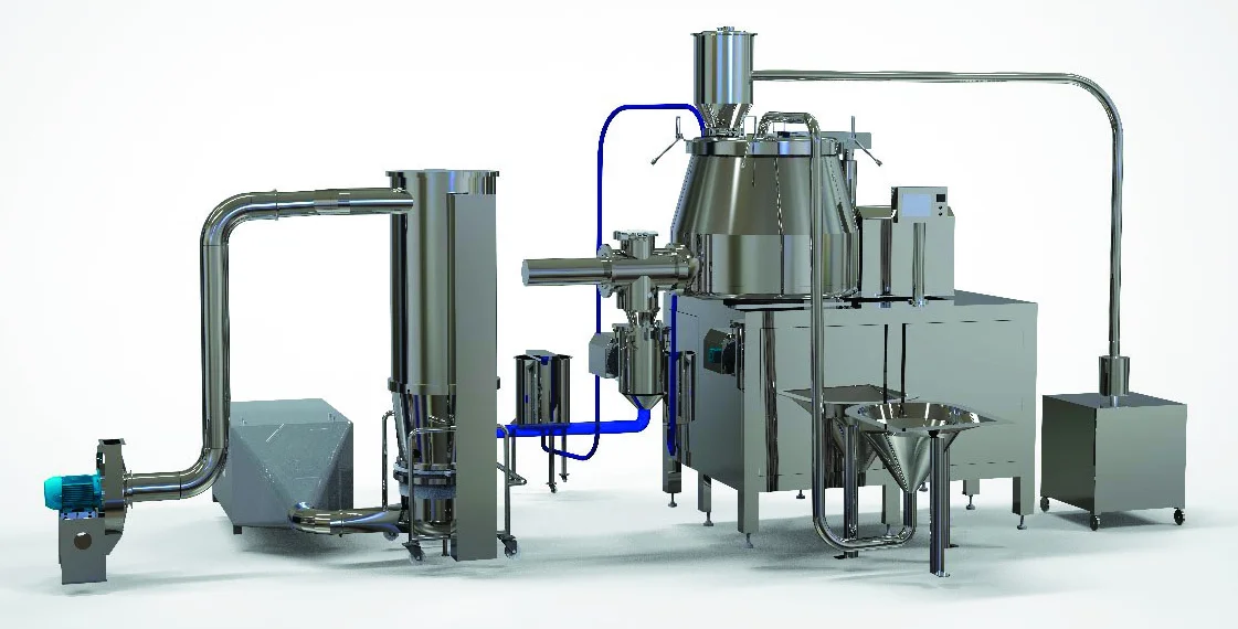 Render de la línea de granulación por vía húmeda de Ateindus: turbo mezclador, molino calibrador cónico, horno de secado de lecho fluidizado, tanques de aglutinante y transporte neumático, todo en acero inoxidable
